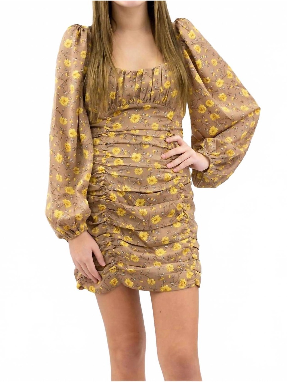 Floral Ruched Mini Dress with Balloon Sleeves - Brown/Yellow